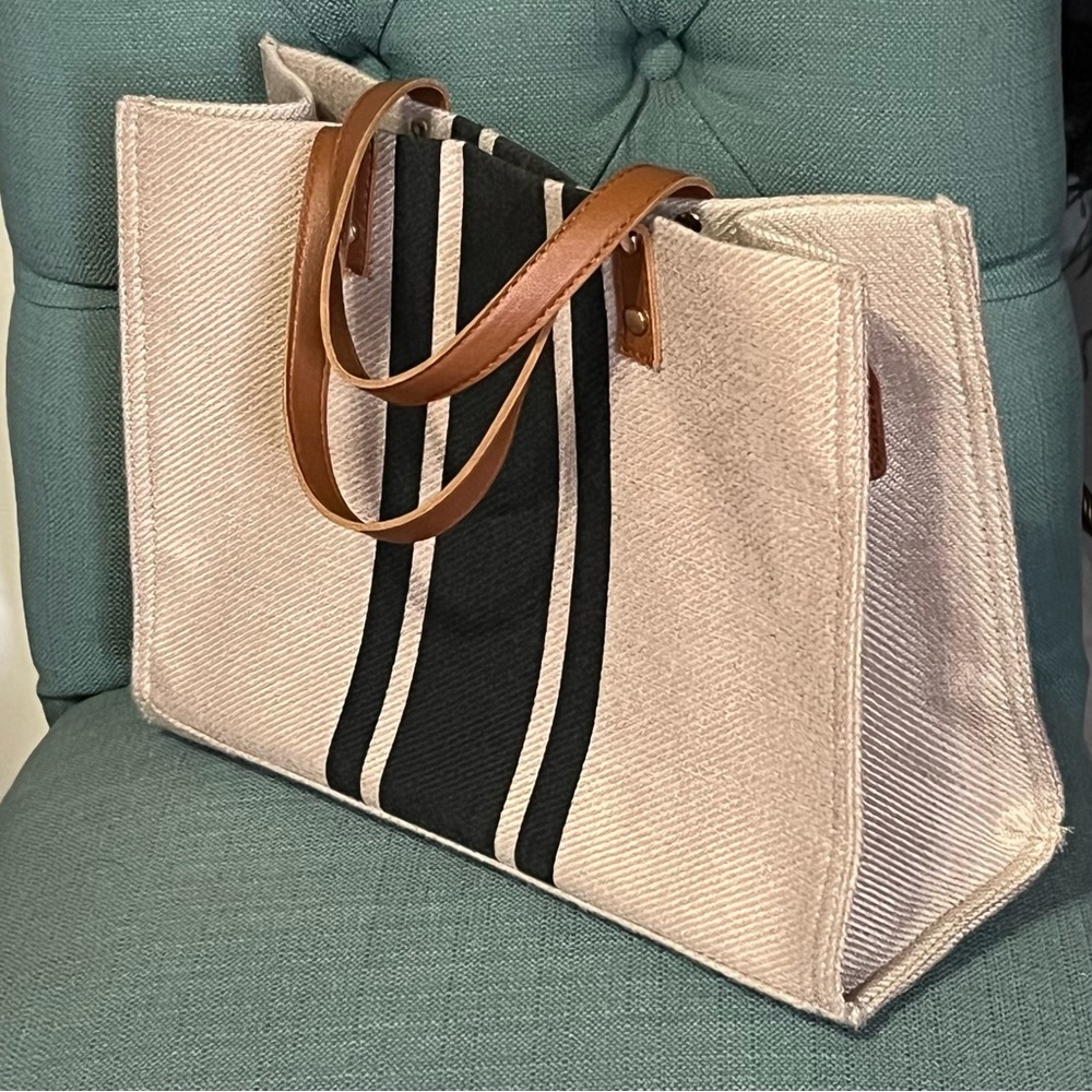 Structured Canvas Tote Bag Neutral Stripe Commuter & Beach Bag Tan/Black - Picture 4 of 10